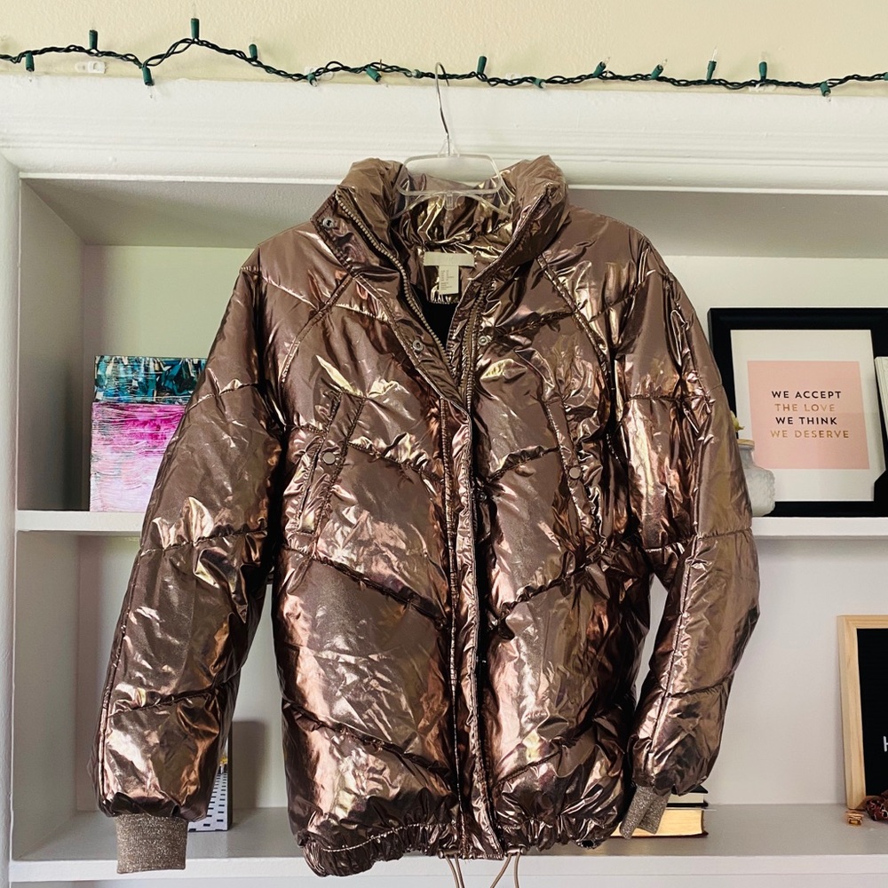 Metallic bomber puffer coat